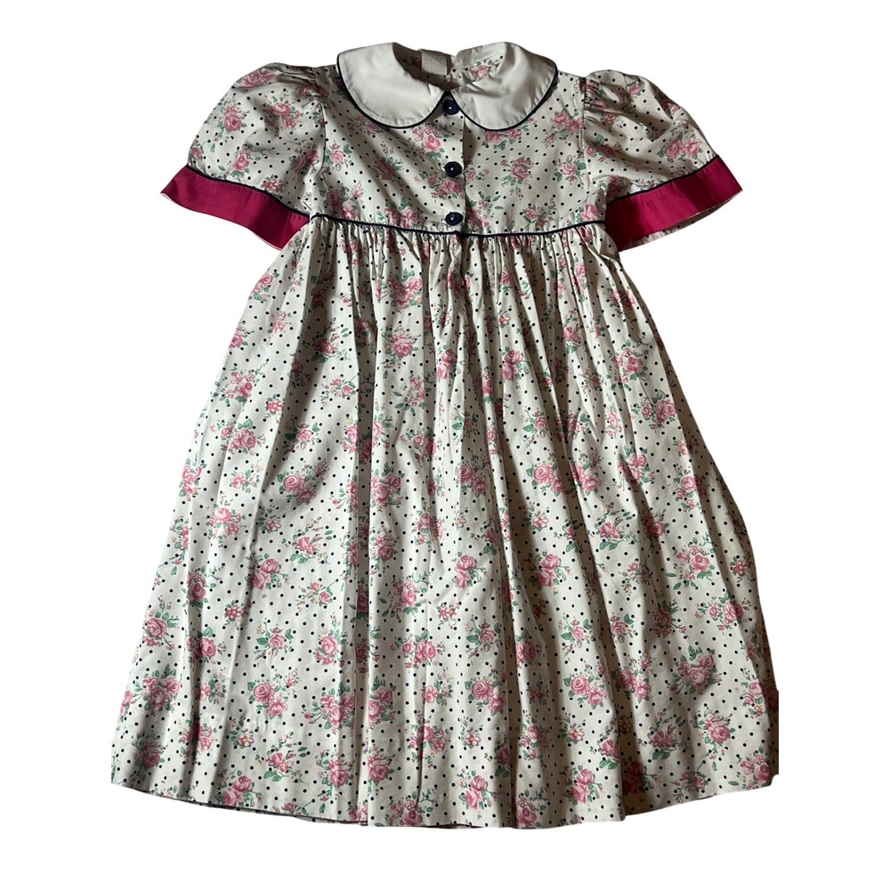 Vintage Girls Floral Polka Dot Dress Pink Blue White Peter Pan Collar Size 6